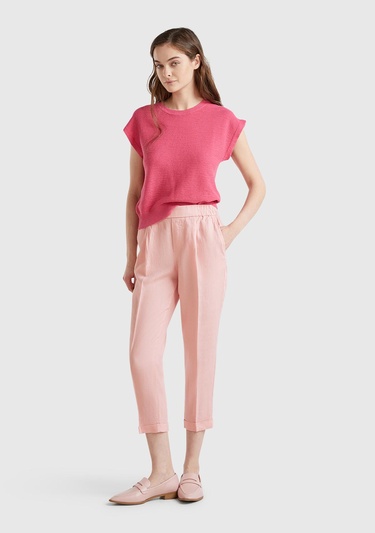  Kadın Pembe %100 Keten Beli Lastikli Pantolon