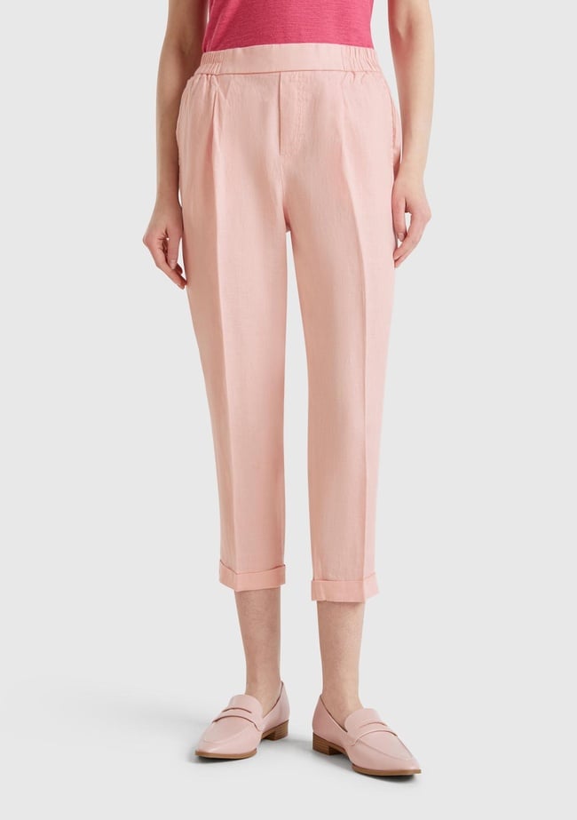  Kadın Pembe %100 Keten Beli Lastikli Pantolon