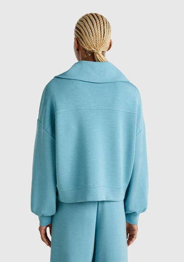  Kadın Mavi Modal Karışımlı Yarım Fermuarlı Polo Yaka Sweatshirt