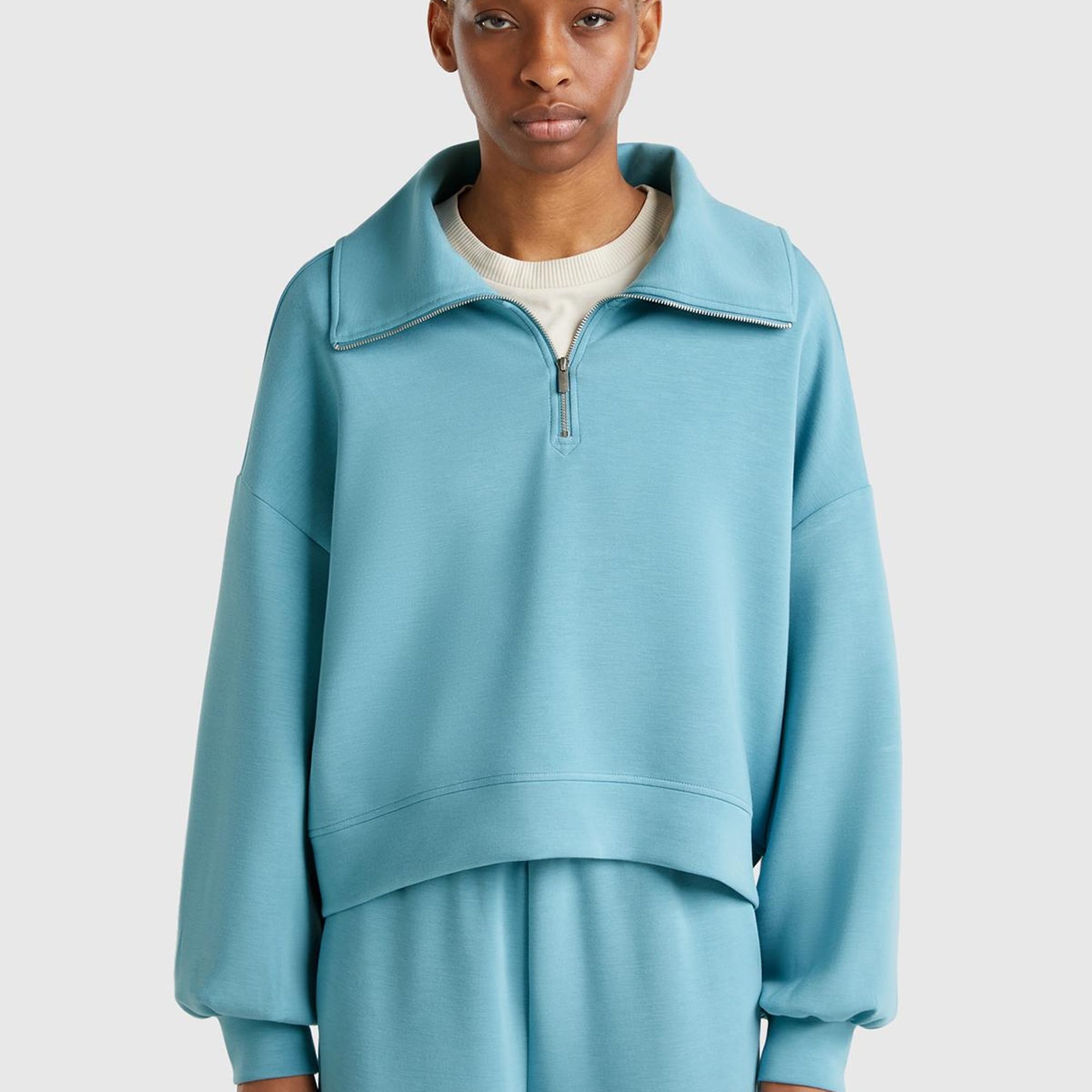 Kadın Mavi Modal Karışımlı Yarım Fermuarlı Polo Yaka Sweatshirt