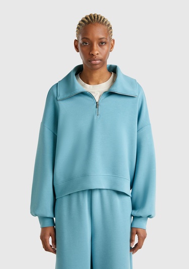  Kadın Mavi Modal Karışımlı Yarım Fermuarlı Polo Yaka Sweatshirt