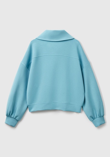  Kadın Mavi Modal Karışımlı Yarım Fermuarlı Polo Yaka Sweatshirt