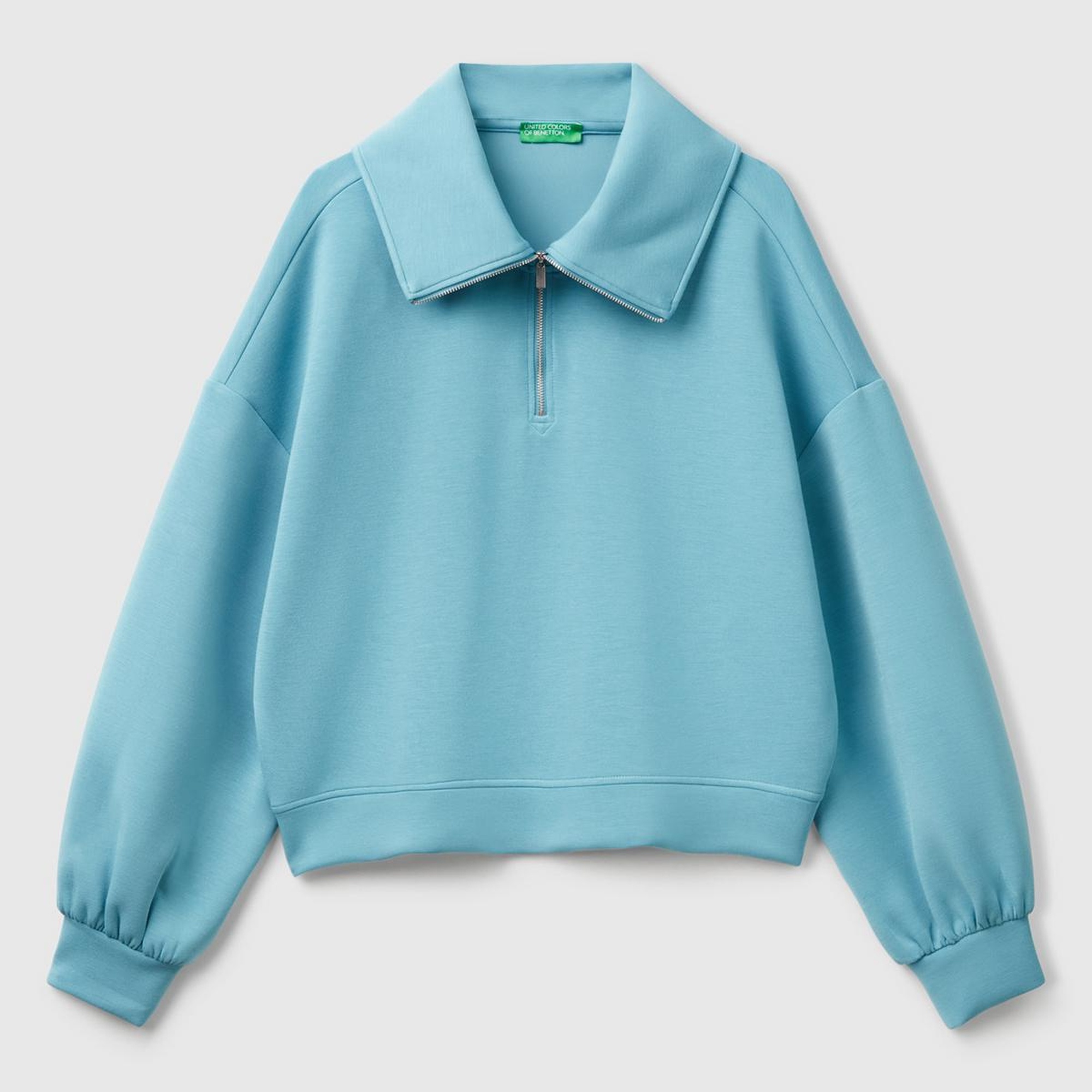 Kadın Mavi Modal Karışımlı Yarım Fermuarlı Polo Yaka Sweatshirt