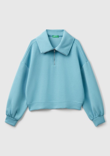  Kadın Mavi Modal Karışımlı Yarım Fermuarlı Polo Yaka Sweatshirt