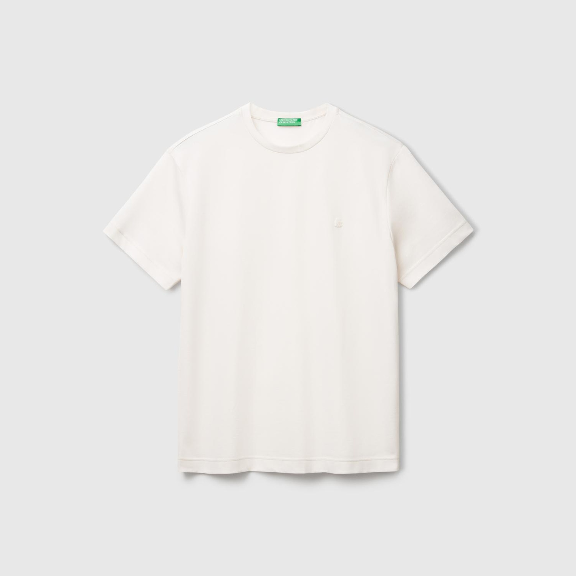 Erkek Krem %100 Pamuk Göğsü Yama Logo İşlemeli Bisiklet Yaka T-Shirt