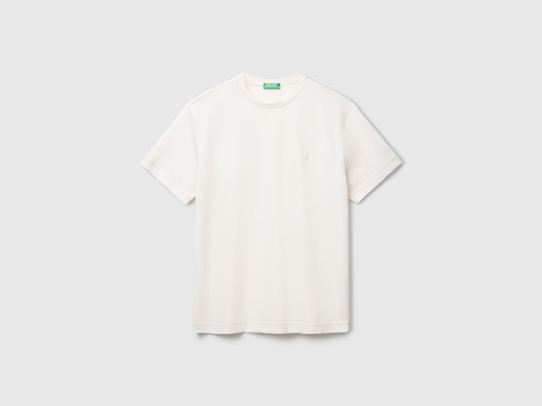  Erkek Krem %100 Pamuk Göğsü Yama Logo İşlemeli Bisiklet Yaka T-Shirt