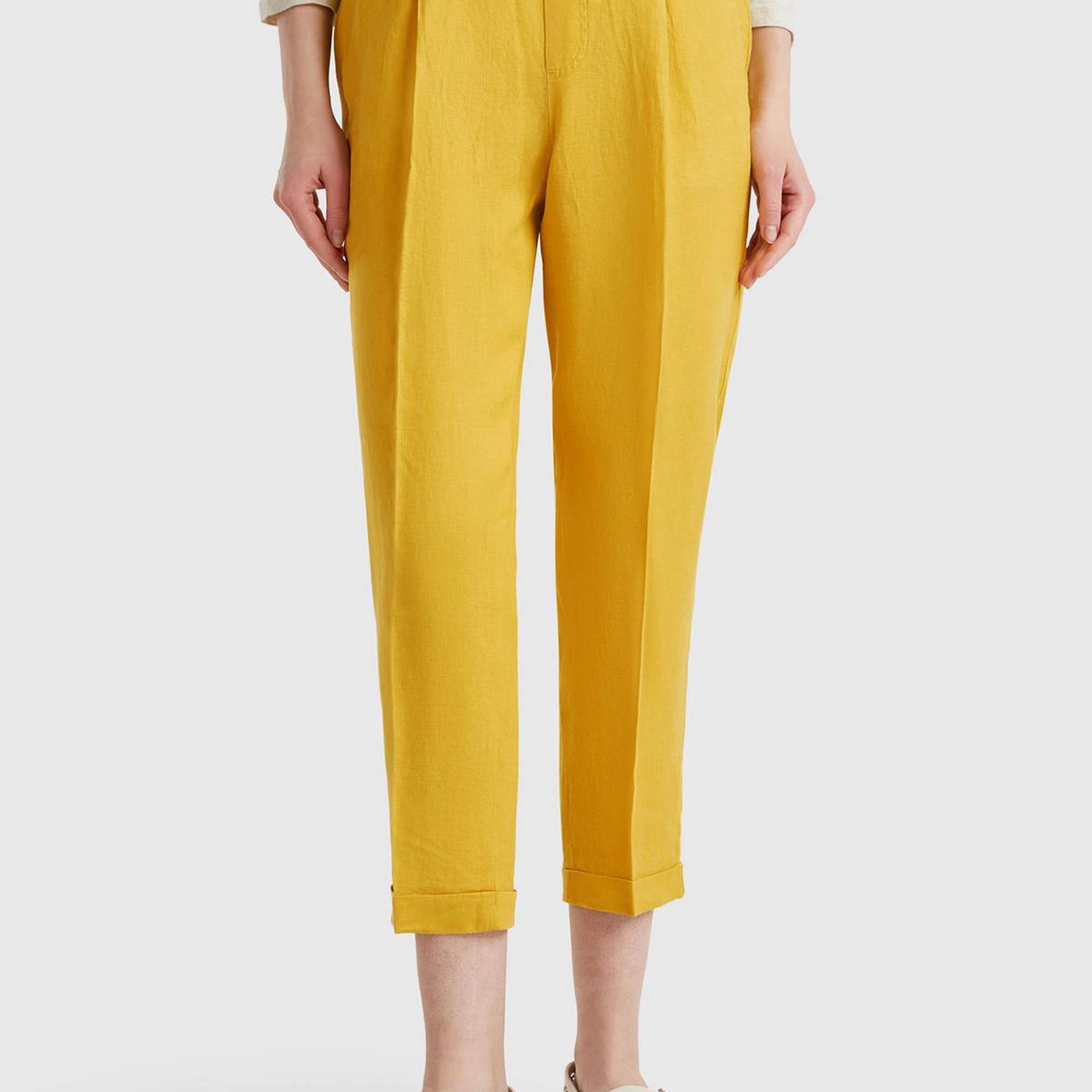 Kadın Sarı %100 Keten Beli Lastikli Pantolon