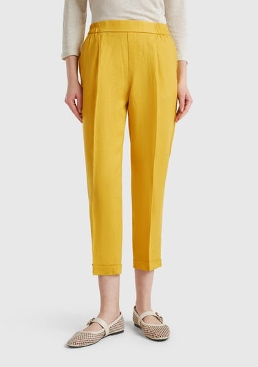  Kadın Sarı %100 Keten Beli Lastikli Pantolon