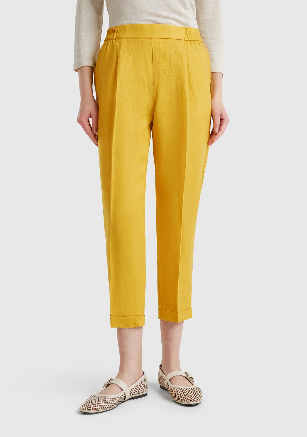  Kadın Sarı %100 Keten Beli Lastikli Pantolon