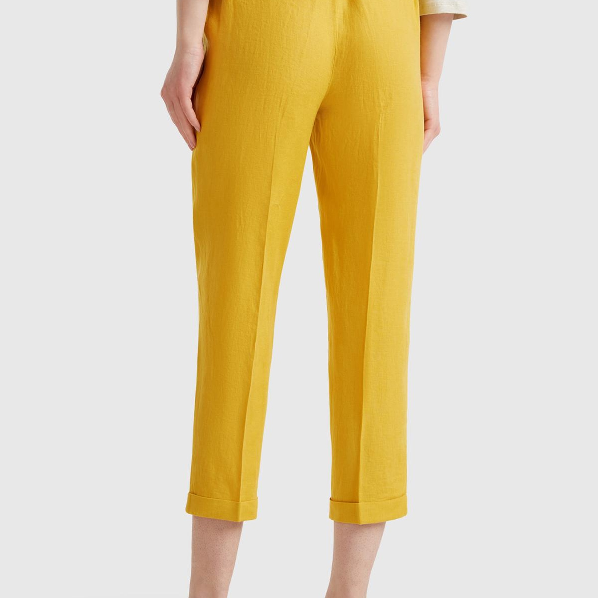 Kadın Sarı %100 Keten Beli Lastikli Pantolon