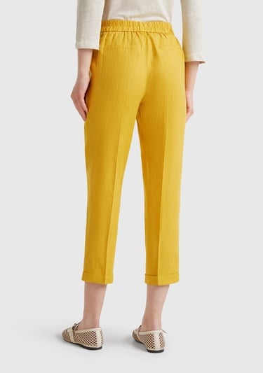  Kadın Sarı %100 Keten Beli Lastikli Pantolon