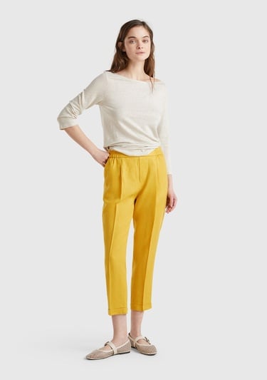  Kadın Sarı %100 Keten Beli Lastikli Pantolon