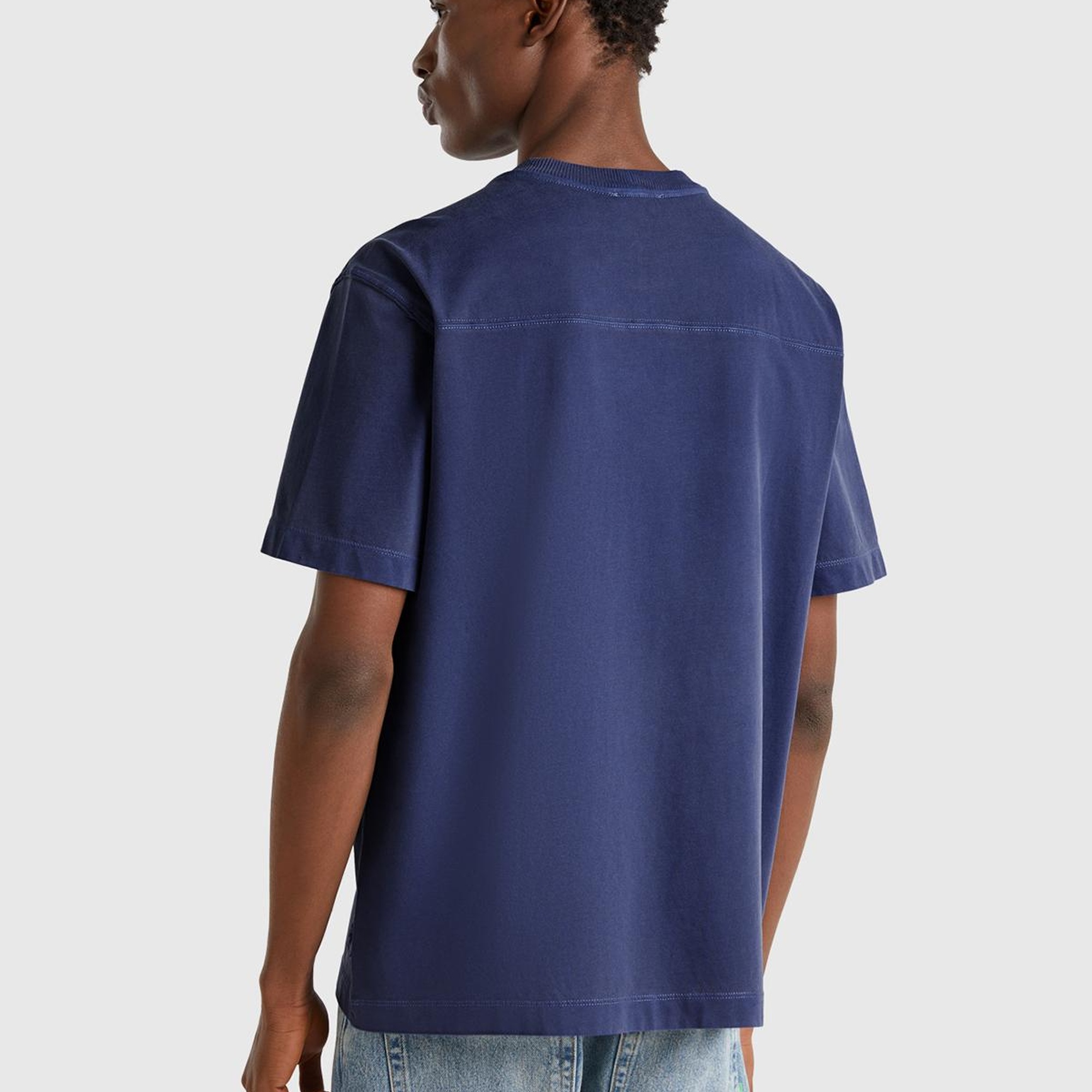 Erkek İndigo %100 Pamuk Logo Baskılı Relax Fit T-Shirt