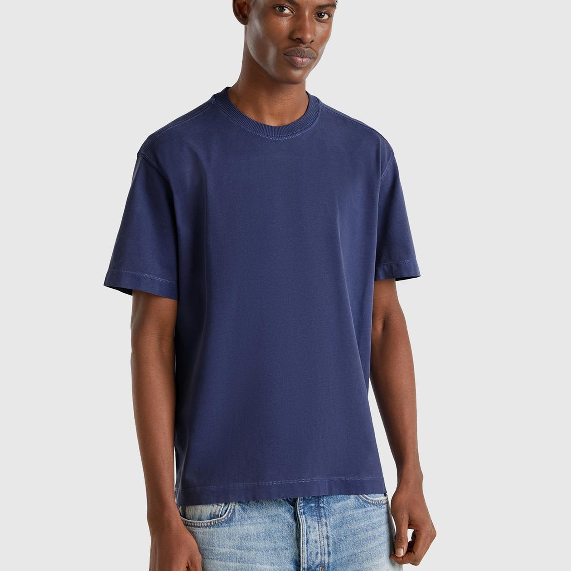 Erkek İndigo %100 Pamuk Logo Baskılı Relax Fit T-Shirt