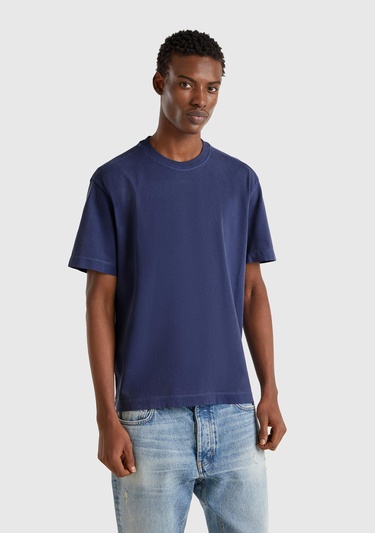  Erkek İndigo %100 Pamuk Logo Baskılı Relax Fit T-Shirt