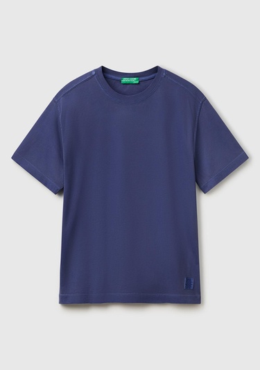  Erkek İndigo %100 Pamuk Logo Baskılı Relax Fit T-Shirt