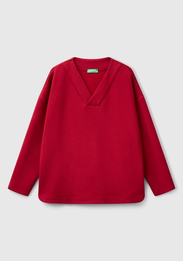  Kadın Bordo Modal Karışımlı V Yaka Uzun Kollu Sweatshirt