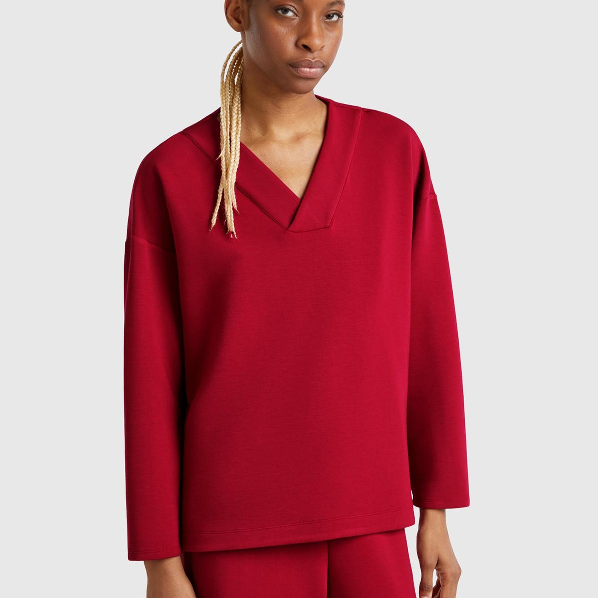 Kadın Bordo Modal Karışımlı V Yaka Uzun Kollu Sweatshirt