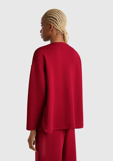  Kadın Bordo Modal Karışımlı V Yaka Uzun Kollu Sweatshirt