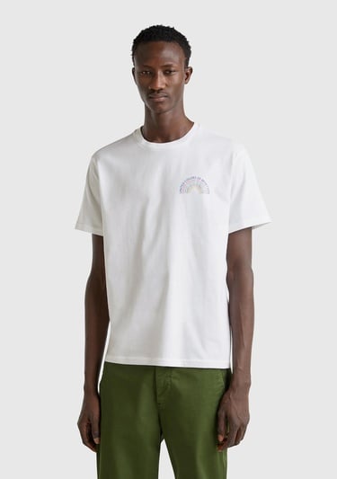  Erkek Beyaz %100 Pamuk Önü Logo Baskılı Relax Fit T-Shirt