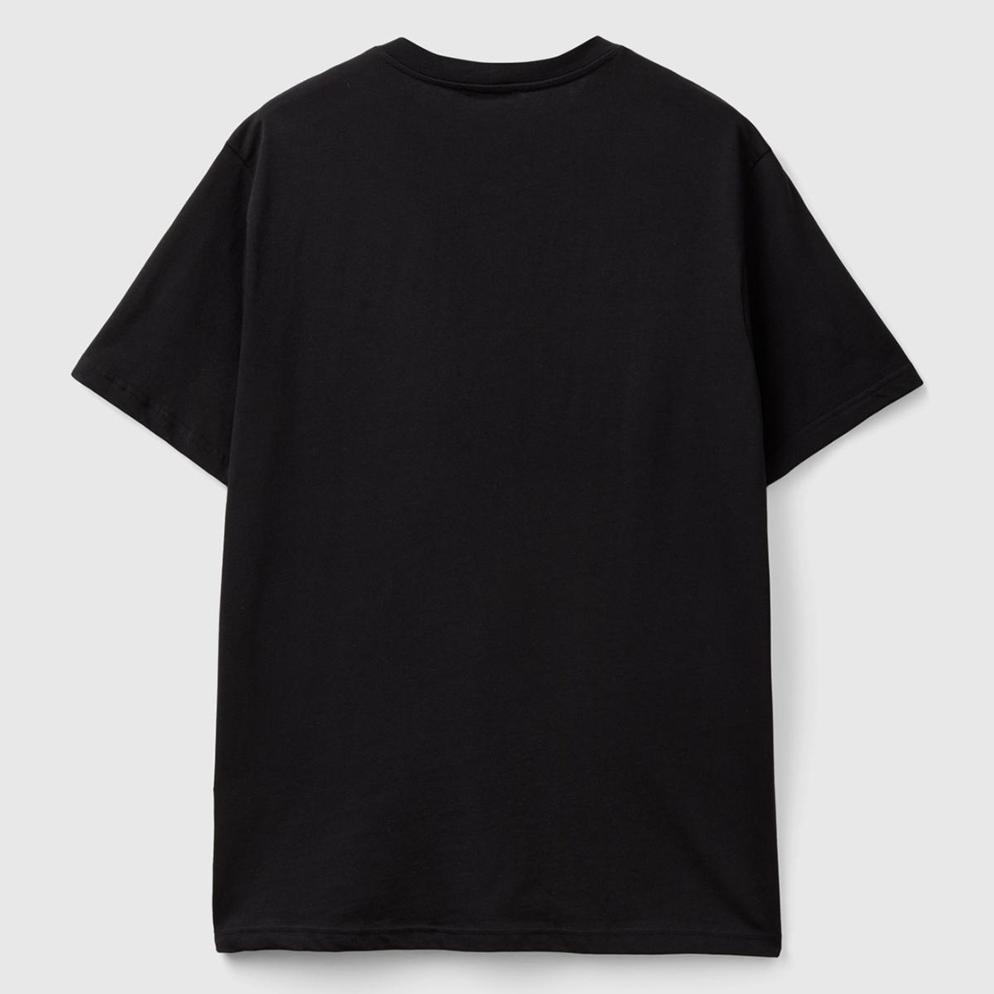 Erkek Siyah %100 Koton Benetton Logolu Bisiklet Yaka T-Shirt