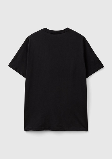  Erkek Siyah %100 Koton Benetton Logolu Bisiklet Yaka T-Shirt