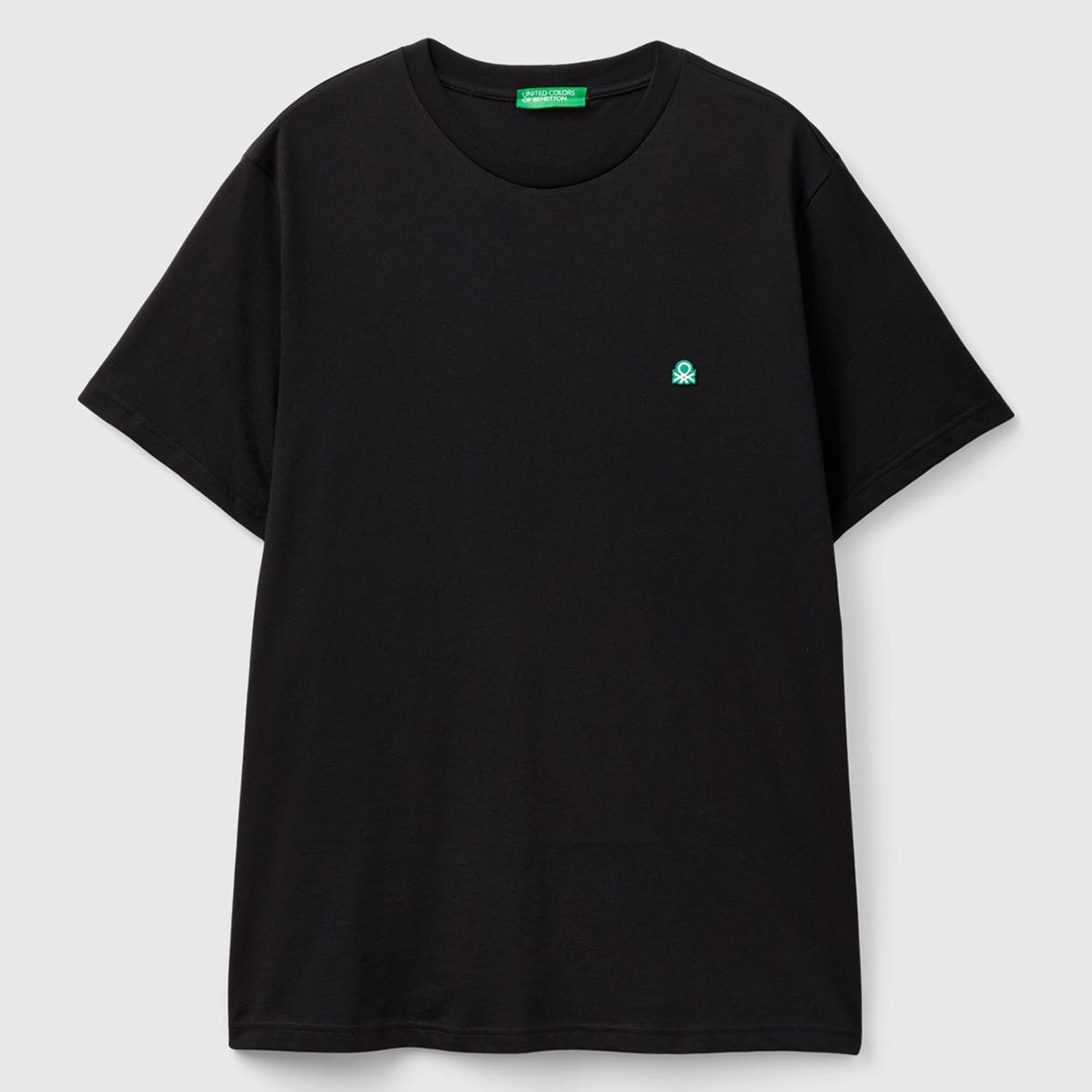 Erkek Siyah %100 Koton Benetton Logolu Bisiklet Yaka T-Shirt