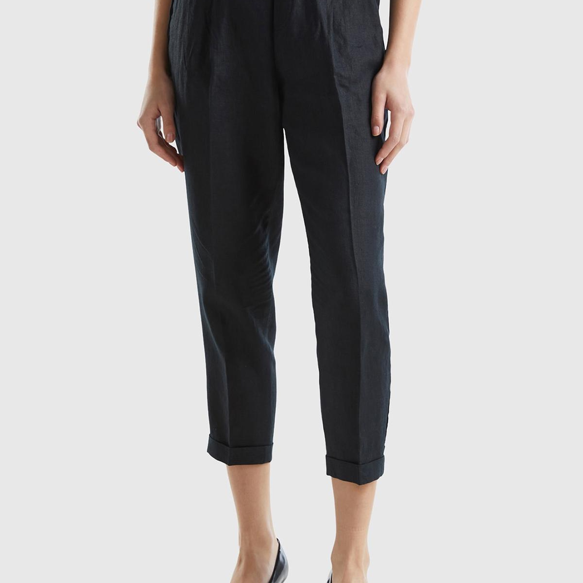 Kadın Siyah %100 Keten Beli Lastikli Pantolon