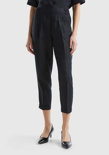  Kadın Siyah %100 Keten Beli Lastikli Pantolon