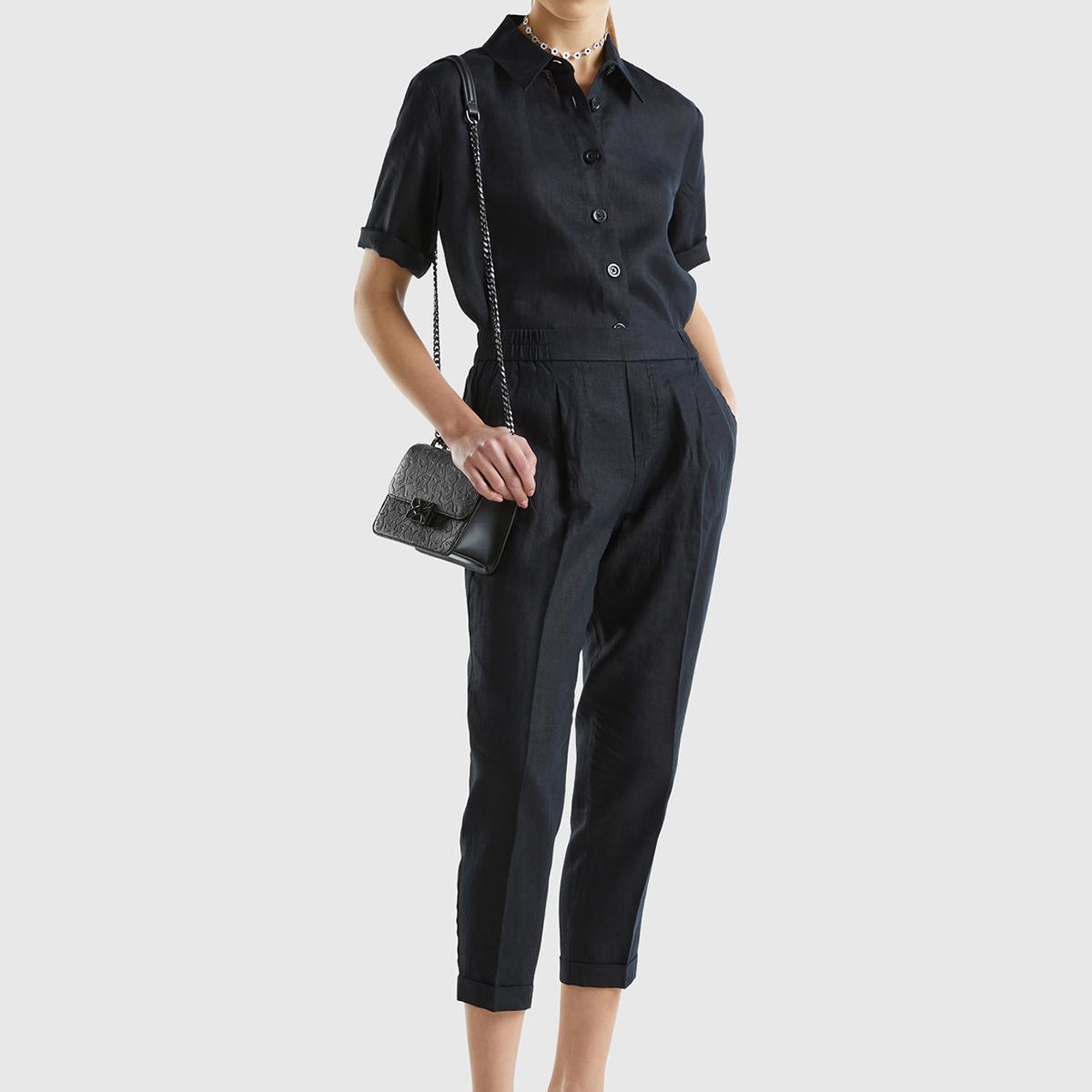 Kadın Siyah %100 Keten Beli Lastikli Pantolon