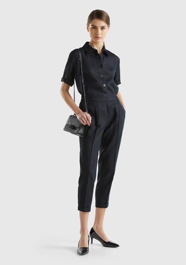  Kadın Siyah %100 Keten Beli Lastikli Pantolon