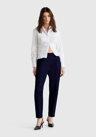  Kadın Lacivert Streç Pamuklu Arka Beli Lastikli Cepli Pantolon