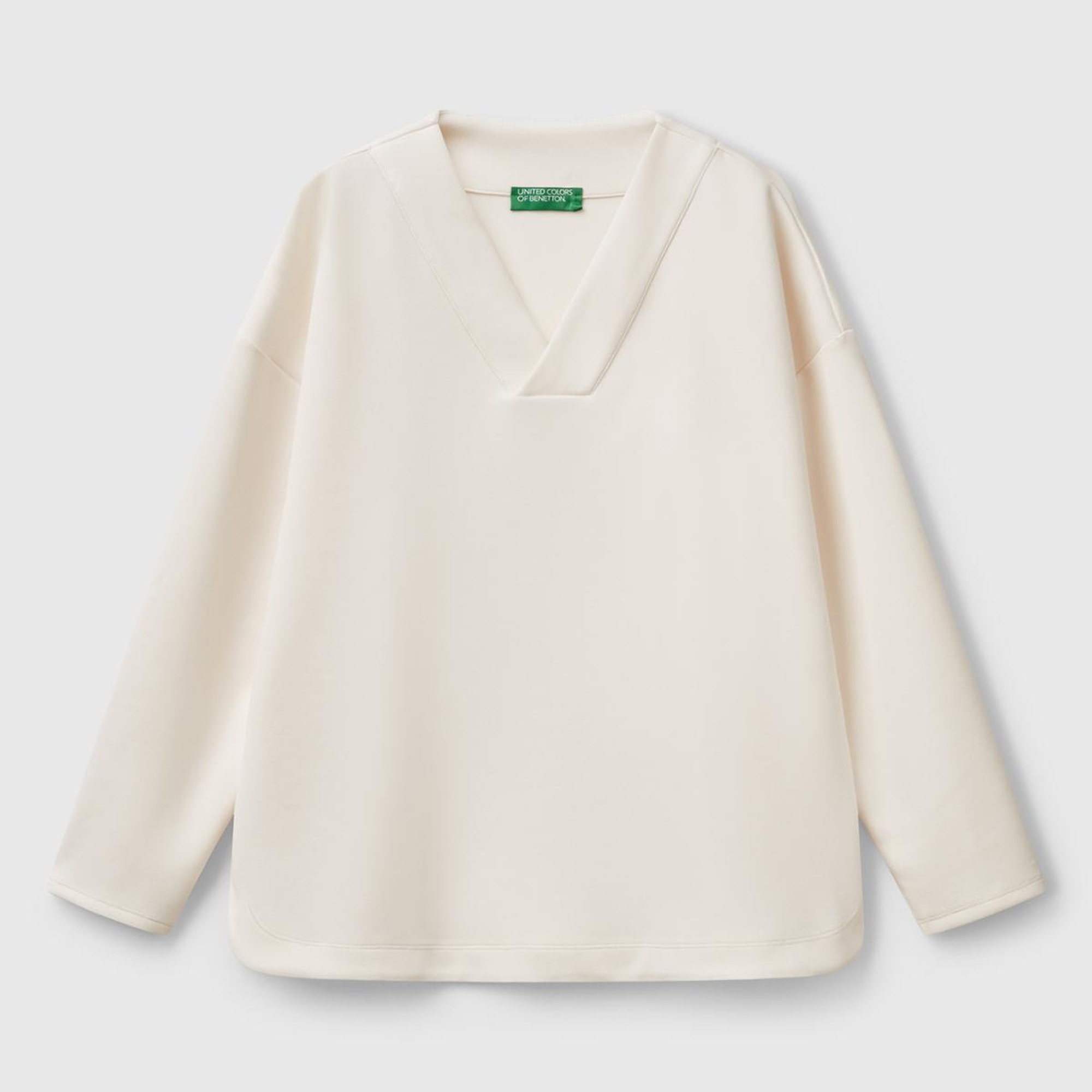 Kadın Krem Modal Karışımlı V Yaka Uzun Kollu Sweatshirt