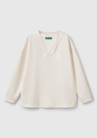  Kadın Krem Modal Karışımlı V Yaka Uzun Kollu Sweatshirt