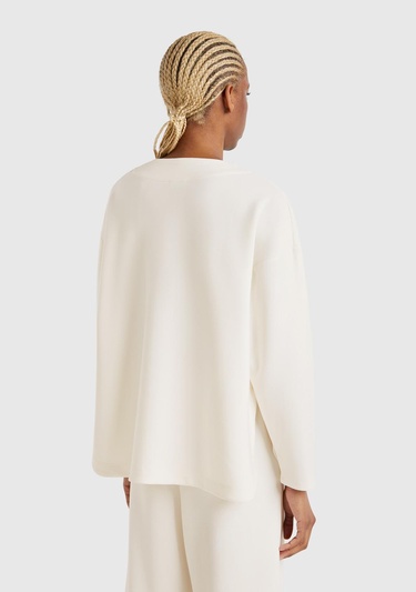  Kadın Krem Modal Karışımlı V Yaka Uzun Kollu Sweatshirt