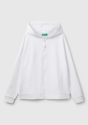  Kadın Beyaz Logo Baskı Detaylı Kapüşonlu Relax Fit Sweatshirt