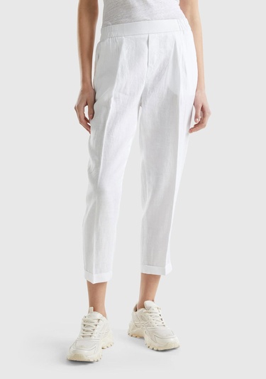  Kadın Beyaz %100 Keten Beli Lastikli Pantolon