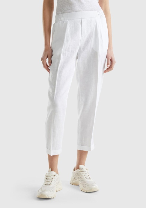  Kadın Beyaz %100 Keten Beli Lastikli Pantolon