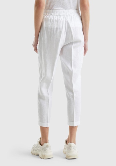  Kadın Beyaz %100 Keten Beli Lastikli Pantolon