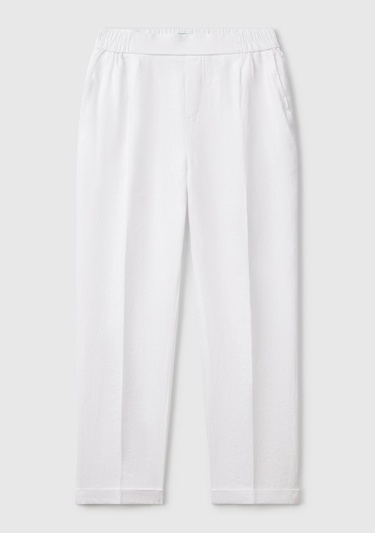  Kadın Beyaz %100 Keten Beli Lastikli Pantolon