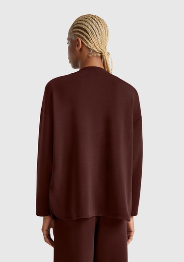  Kadın Kahverengi Modal Karışımlı V Yaka Uzun Kollu Sweatshirt