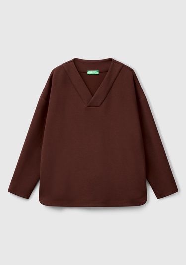  Kadın Kahverengi Modal Karışımlı V Yaka Uzun Kollu Sweatshirt