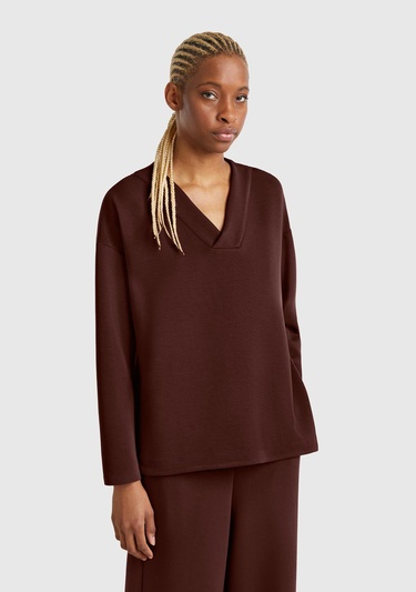  Kadın Kahverengi Modal Karışımlı V Yaka Uzun Kollu Sweatshirt
