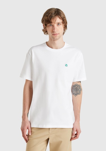  Erkek Beyaz %100 Koton Benetton Logolu Bisiklet Yaka T-Shirt