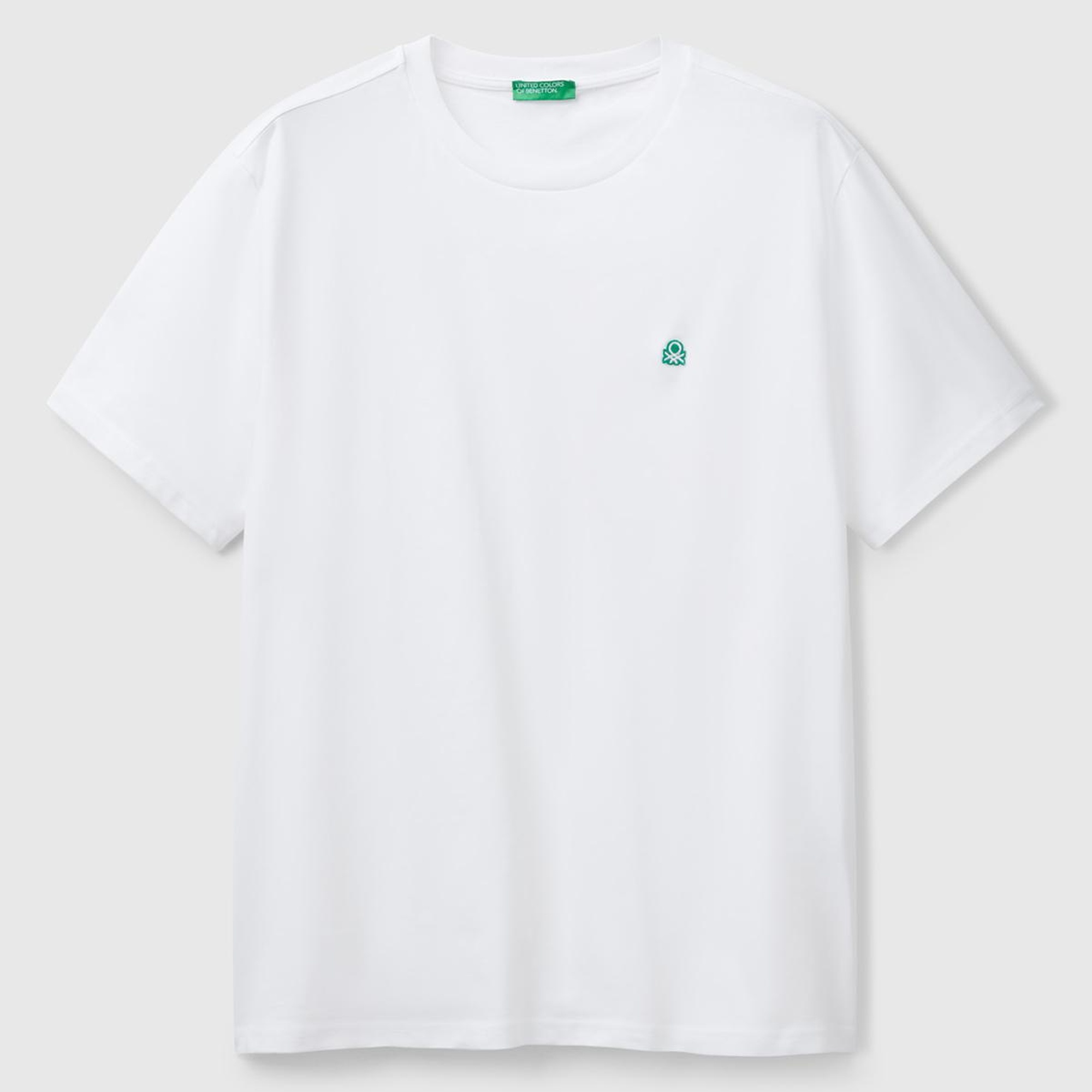 Erkek Beyaz %100 Koton Benetton Logolu Bisiklet Yaka T-Shirt