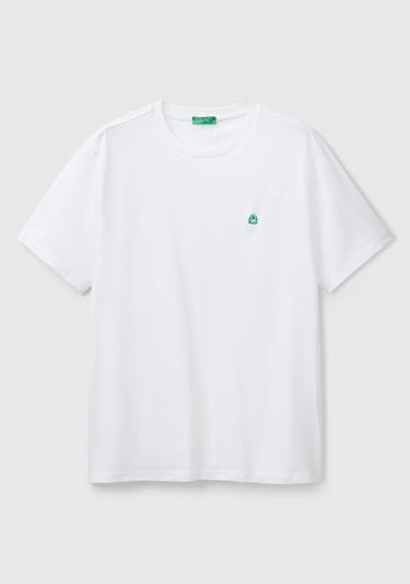  Erkek Beyaz %100 Koton Benetton Logolu Bisiklet Yaka T-Shirt