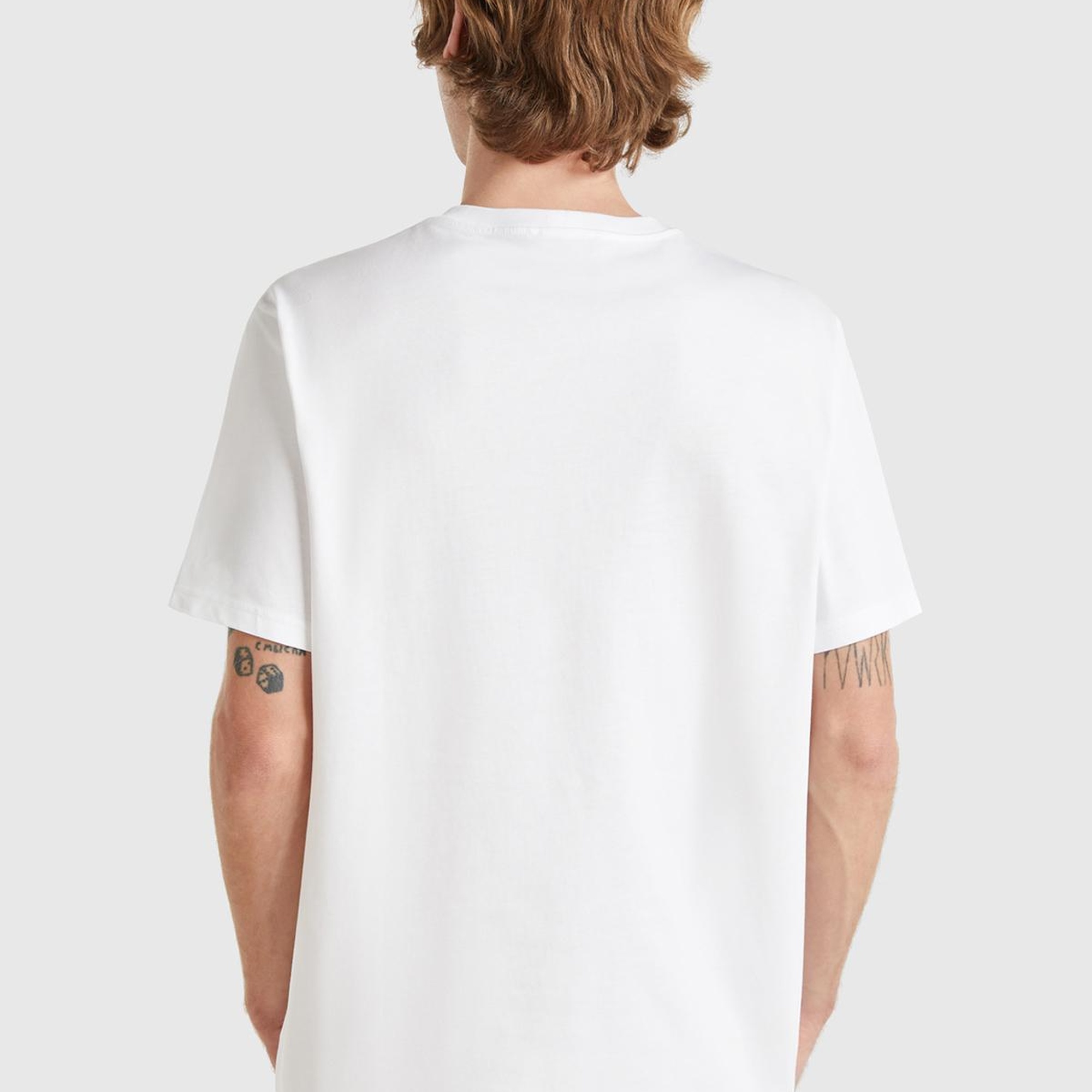 Erkek Beyaz %100 Koton Benetton Logolu Bisiklet Yaka T-Shirt