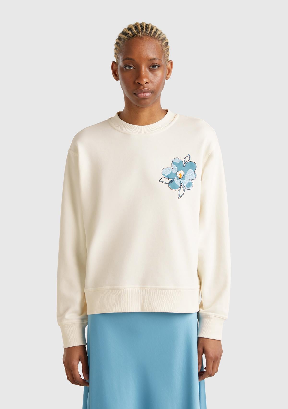  Kadın Krem Koton Karışımlı Çiçek Desenli Sweatshirt