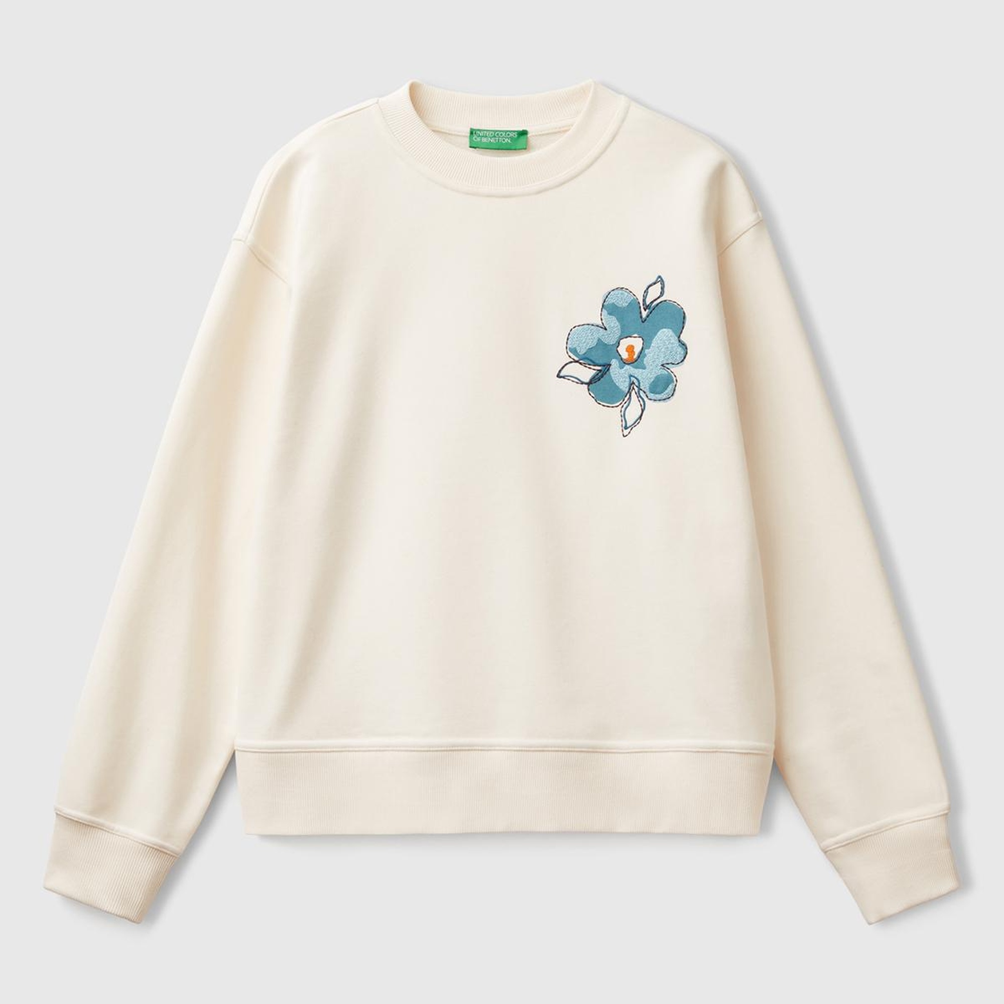 Kadın Krem Koton Karışımlı Çiçek Desenli Sweatshirt