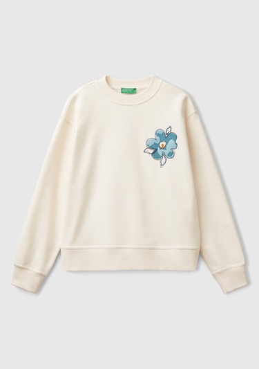  Kadın Krem Koton Karışımlı Çiçek Desenli Sweatshirt